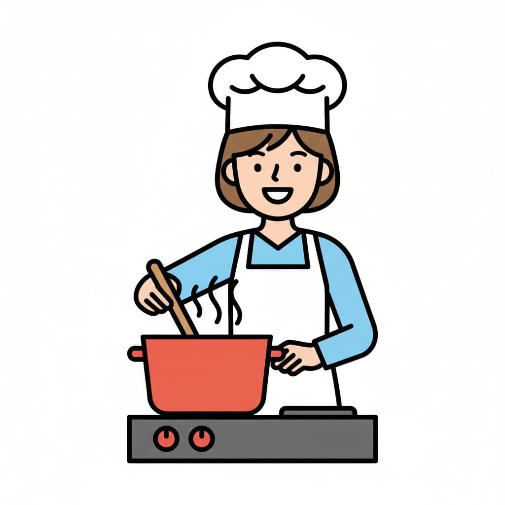Wearing a chef hat and white apron, a woman stirs a red pot on the hob with a wooden spoon.
