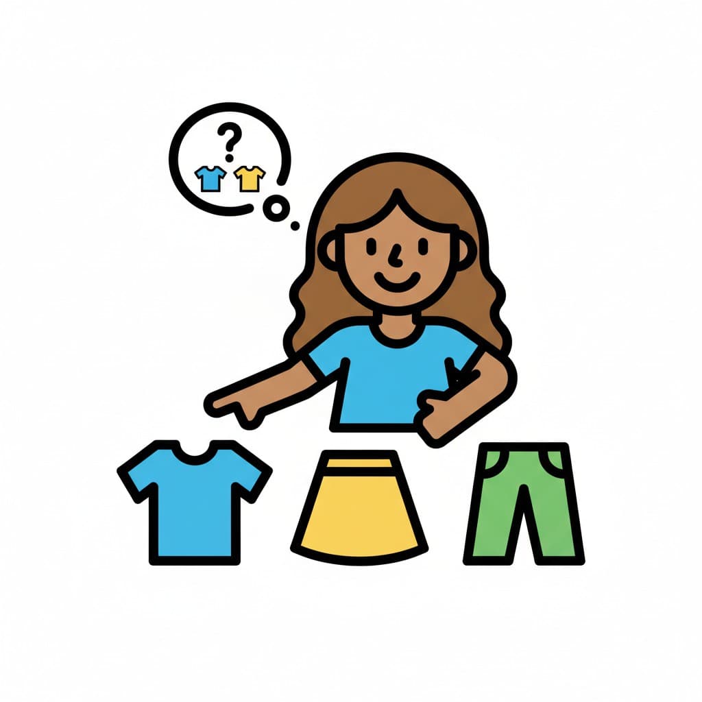 Illustration einer Person, die zwischen verschiedenen Kleidungsstücken wählt, einem blauen T-Shirt, einem gelben Rock und einer grünen Hose, mit einer Gedankenblase, die Kleidung und ein Fragezeichen zeigt.