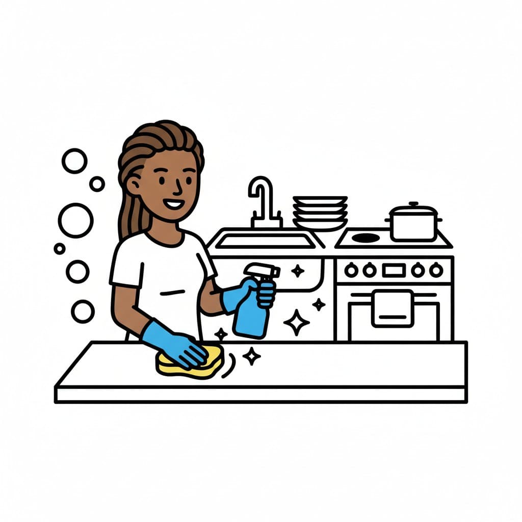 A person cleaning a kitchen counter with a spray bottle and a sponge. A sink with dishes and a stove are in the background.