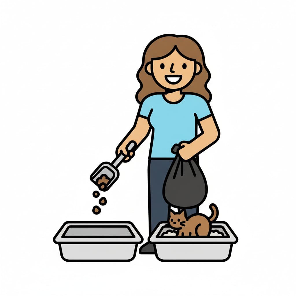 A person cleans two litter boxes with a scoop and a trash bag next to a cat.