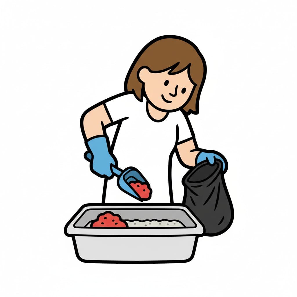 A woman with brown shoulder-length hair and blue gloves cleans a litter box with a scoop, putting waste into a black trash bag.
