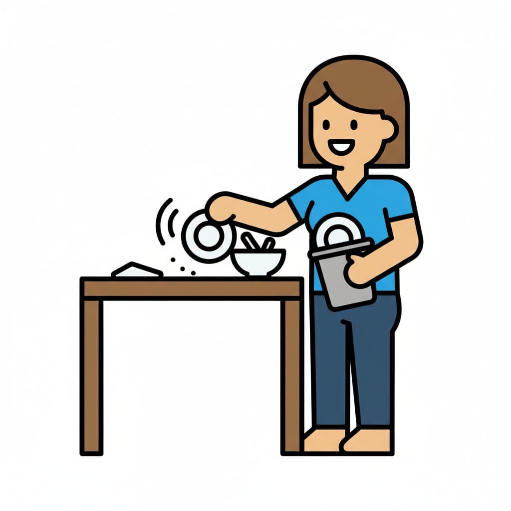 En kvinne står ved et bord og skraper matrester fra en tallerken ned i en grå beholder.