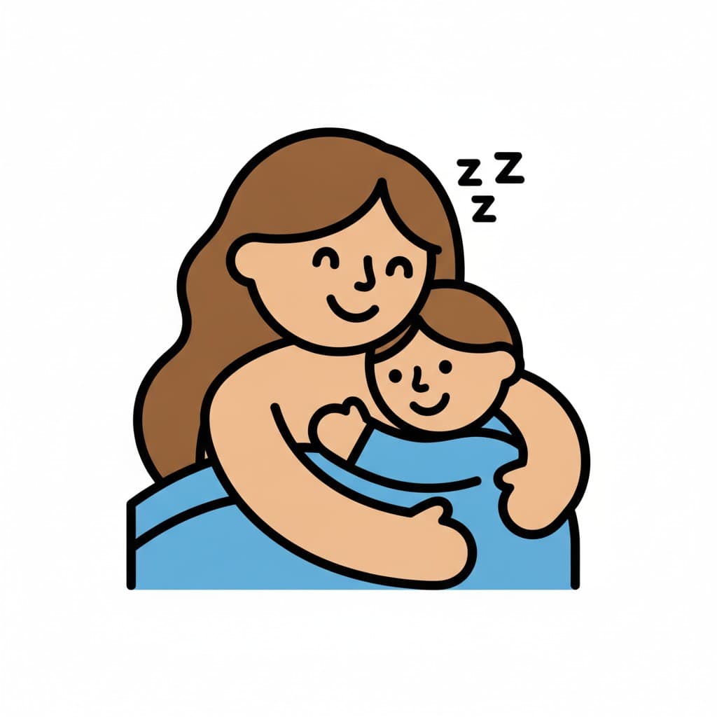 Eine Frau mit langen Haaren umarmt ein Kind unter einer blauen Decke, darüber schweben kleine Schlafzeichen.