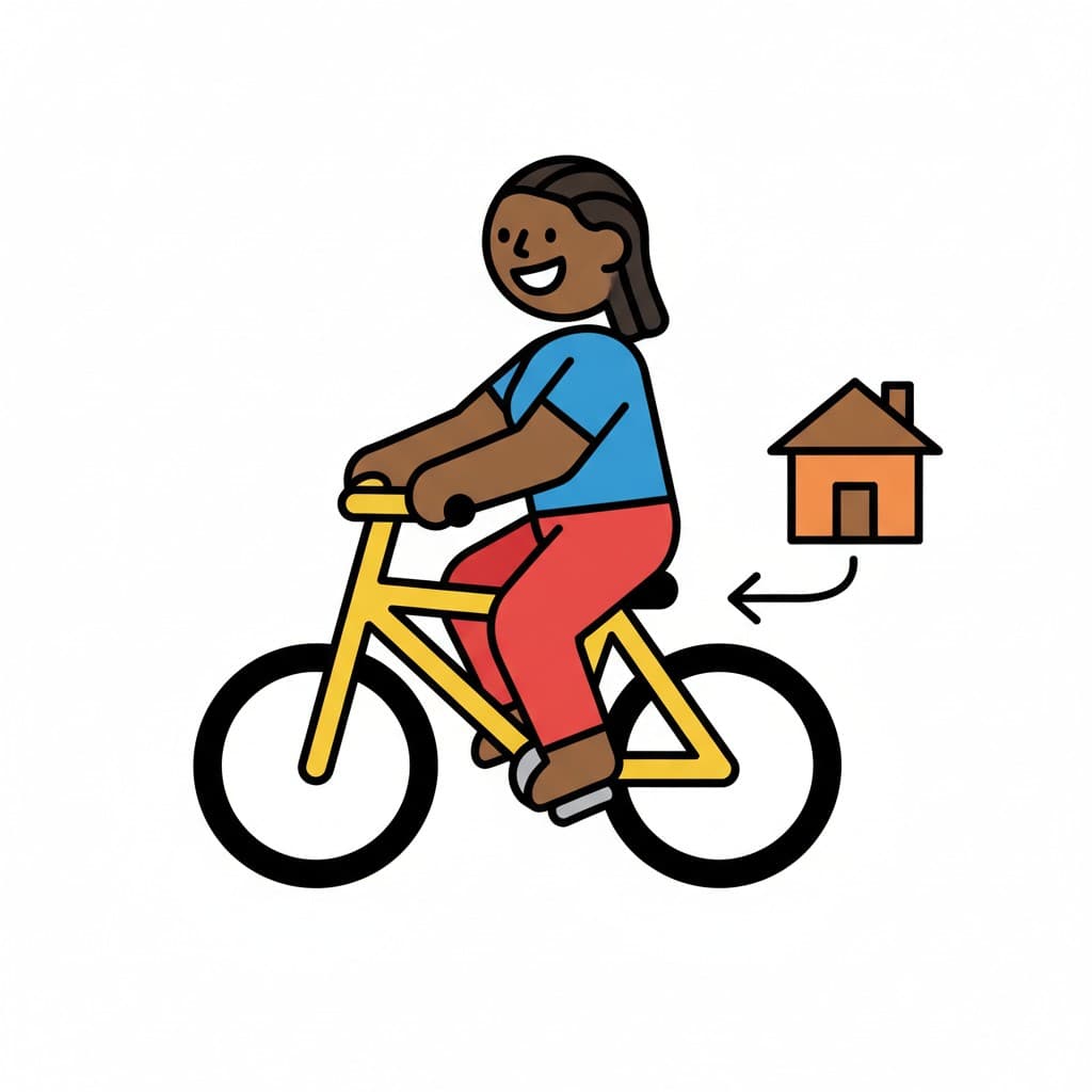A person with short dark hair is cycling on a yellow bicycle with a happy expression, with an illustration of a house and an arrow behind them indicating they are cycling home.