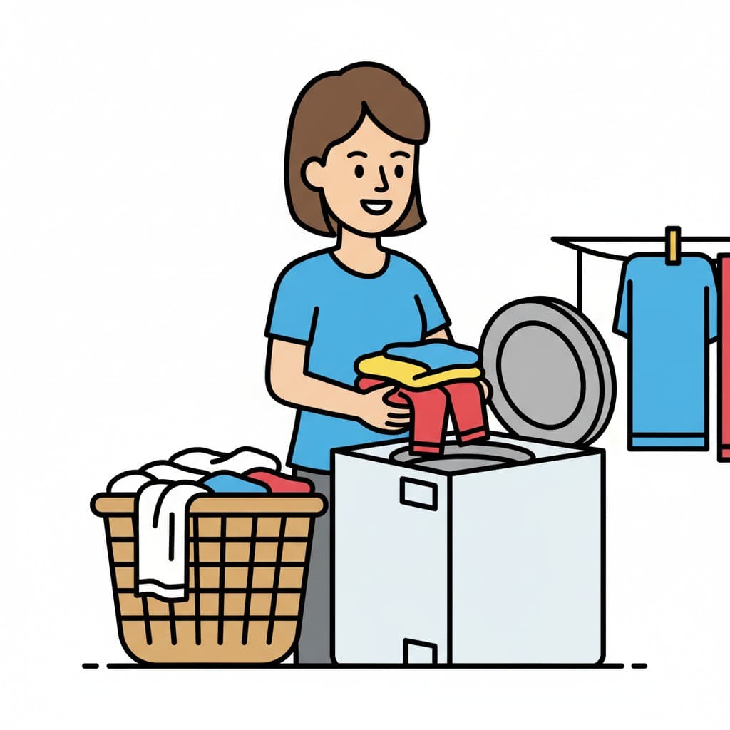A woman putting clothes into a washing machine. A laundry basket full of clothes is next to her. In the background, clothes are hanging to dry.