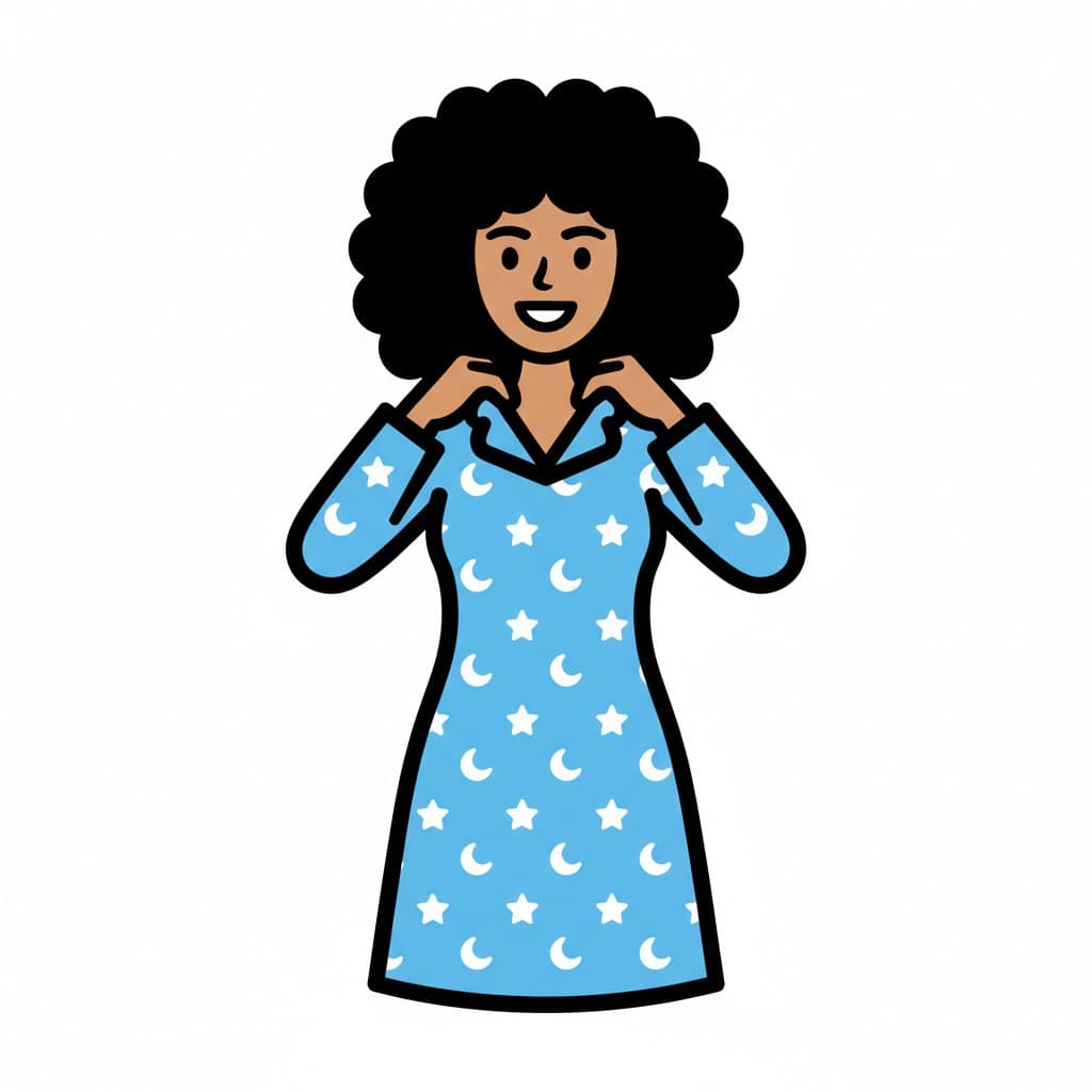 A woman is putting on blue pajamas with stars and moons on them.