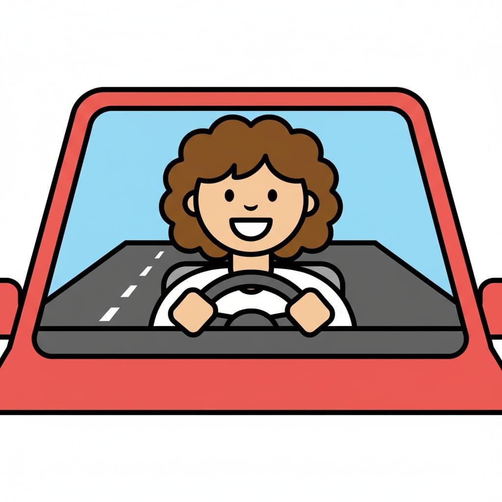 En illustration av en kvinna som kör en röd bil på en väg.