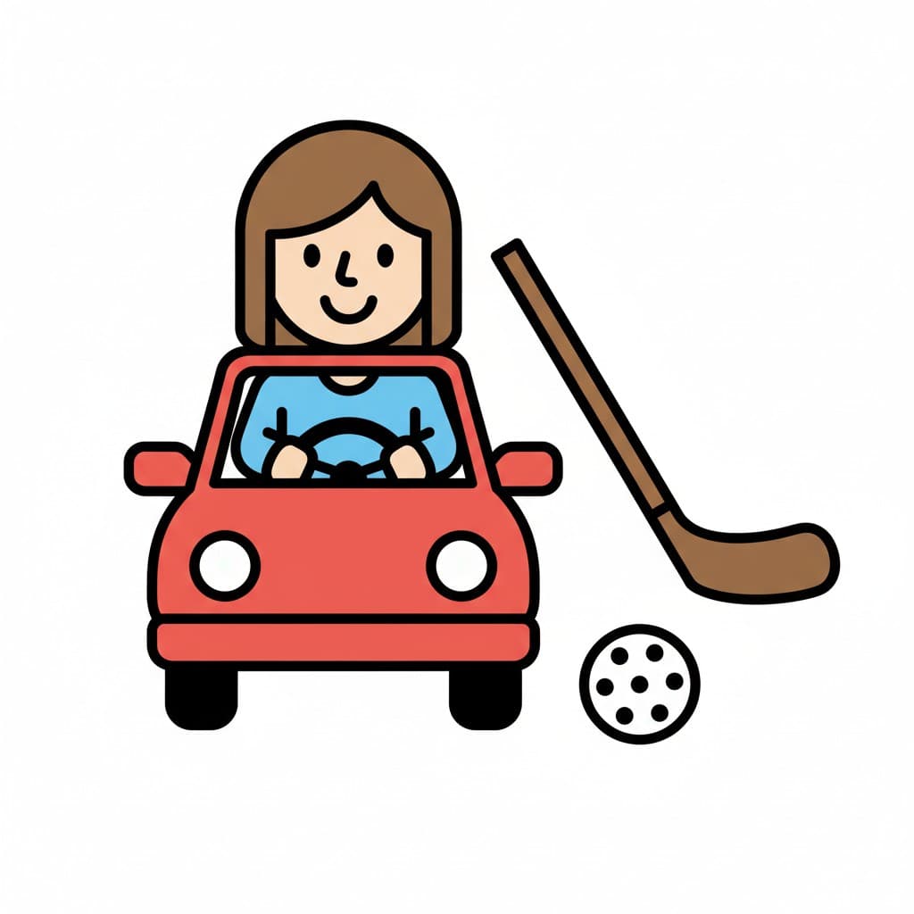 A woman driving a red car, with a floorball stick and ball next to it.