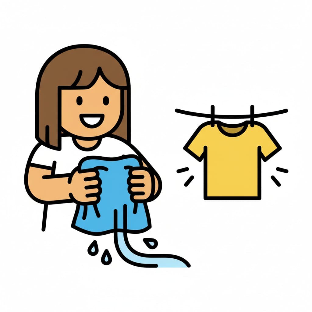 A person wrings water out of a blue piece of clothing, while a yellow t-shirt hangs to dry on a line.