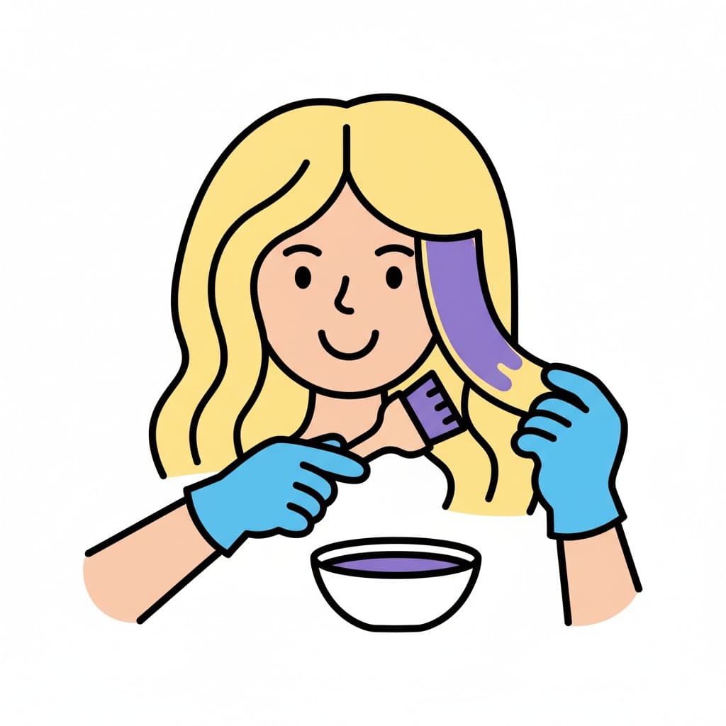 A person with blonde hair applying purple hair dye to a section of their hair with a brush. A bowl of dye is visible, and the person wears blue gloves.