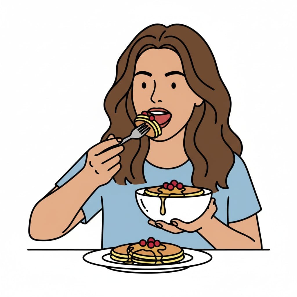 En kvinna äter pannkakor med bär och sirap med gaffel.