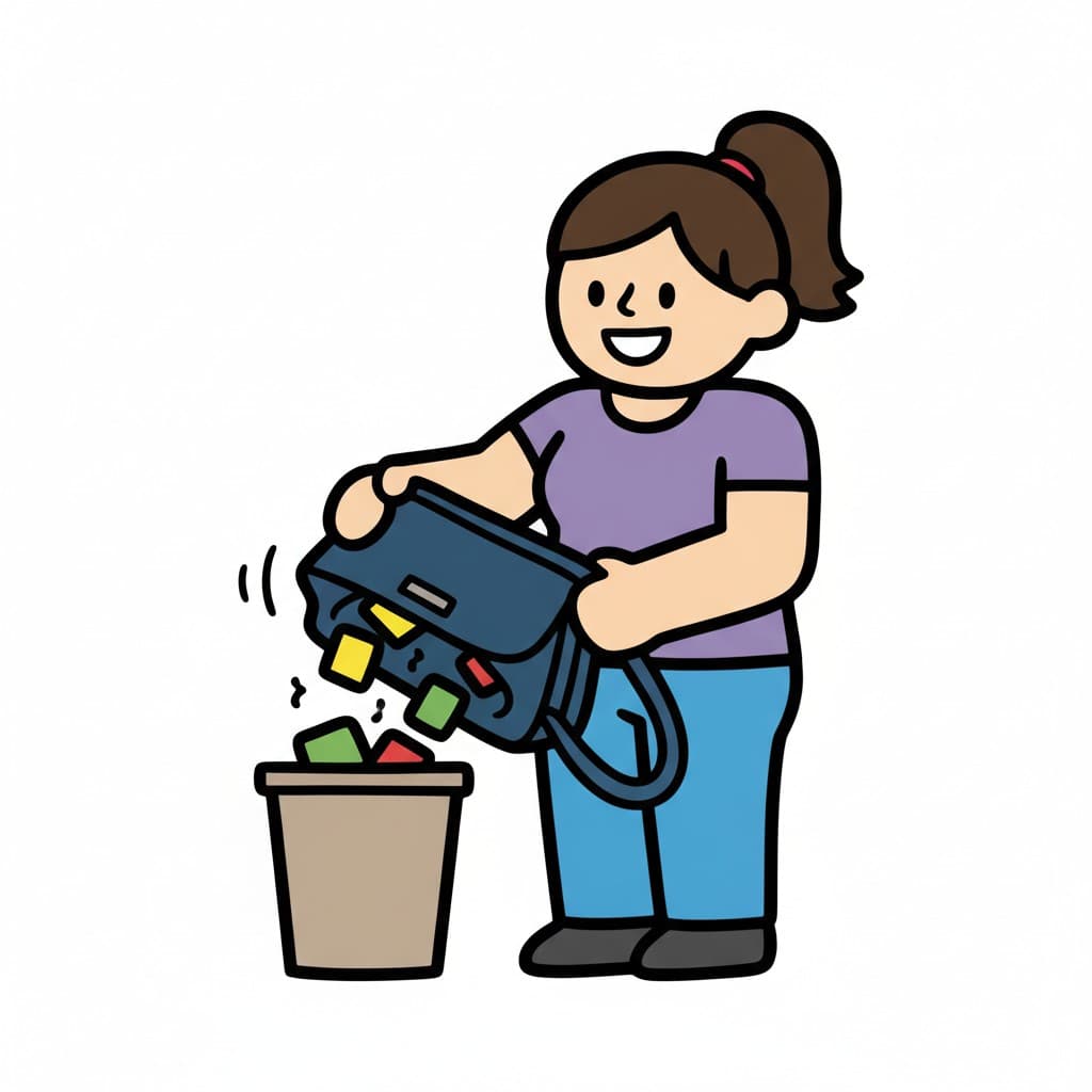 A person empties a bag with colorful items into a trash bin.