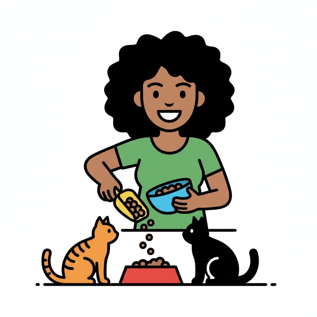 A smiling woman with curly hair pours cat food from a bowl into a food dish on the floor, where two cats, one orange and one black, wait to eat.