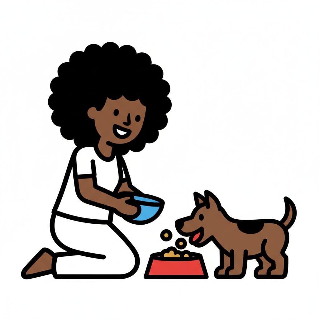 A person kneels, pouring breakfast from a blue bowl into a red food bowl for a dog.