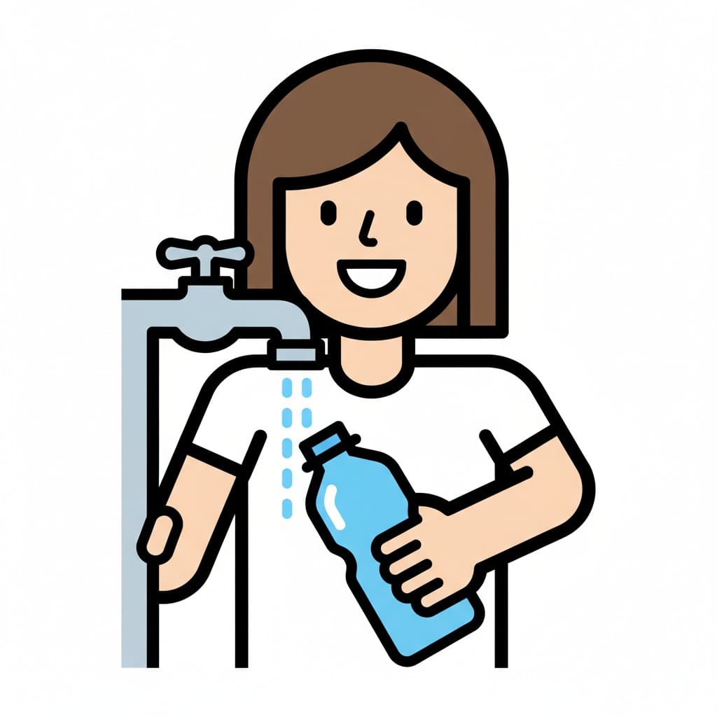 Henkilö täyttää vesipulloa hanasta.