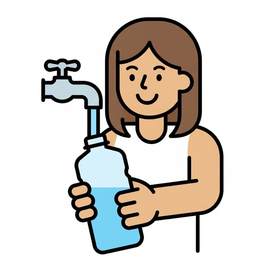 En kvinna fyller en vattenflaska från en kran.