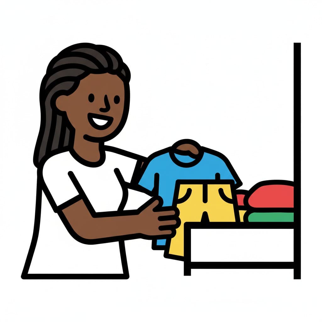 A person holds up a blue shirt and yellow shorts in front of a shelf with folded clothes.