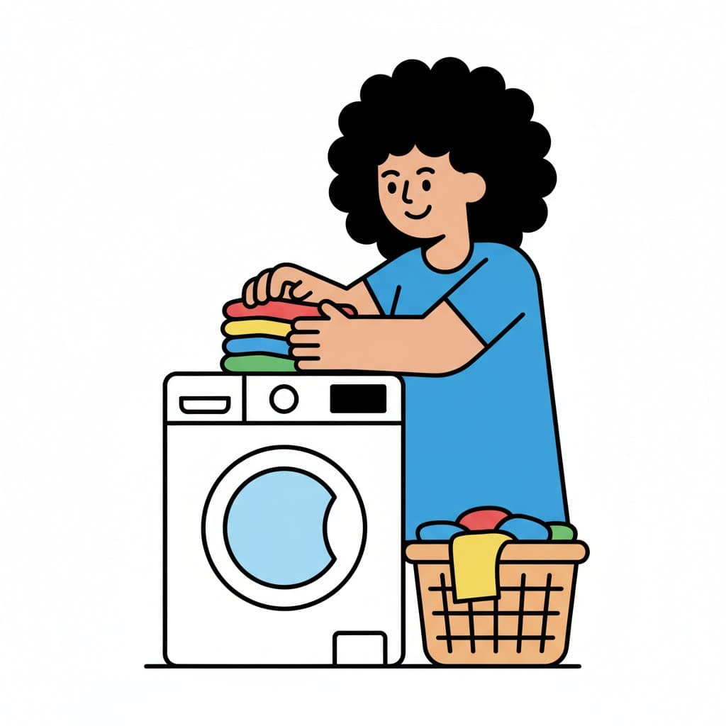 A woman folding clean clothes on top of a washing machine, with a laundry basket full of clothes next to it.
