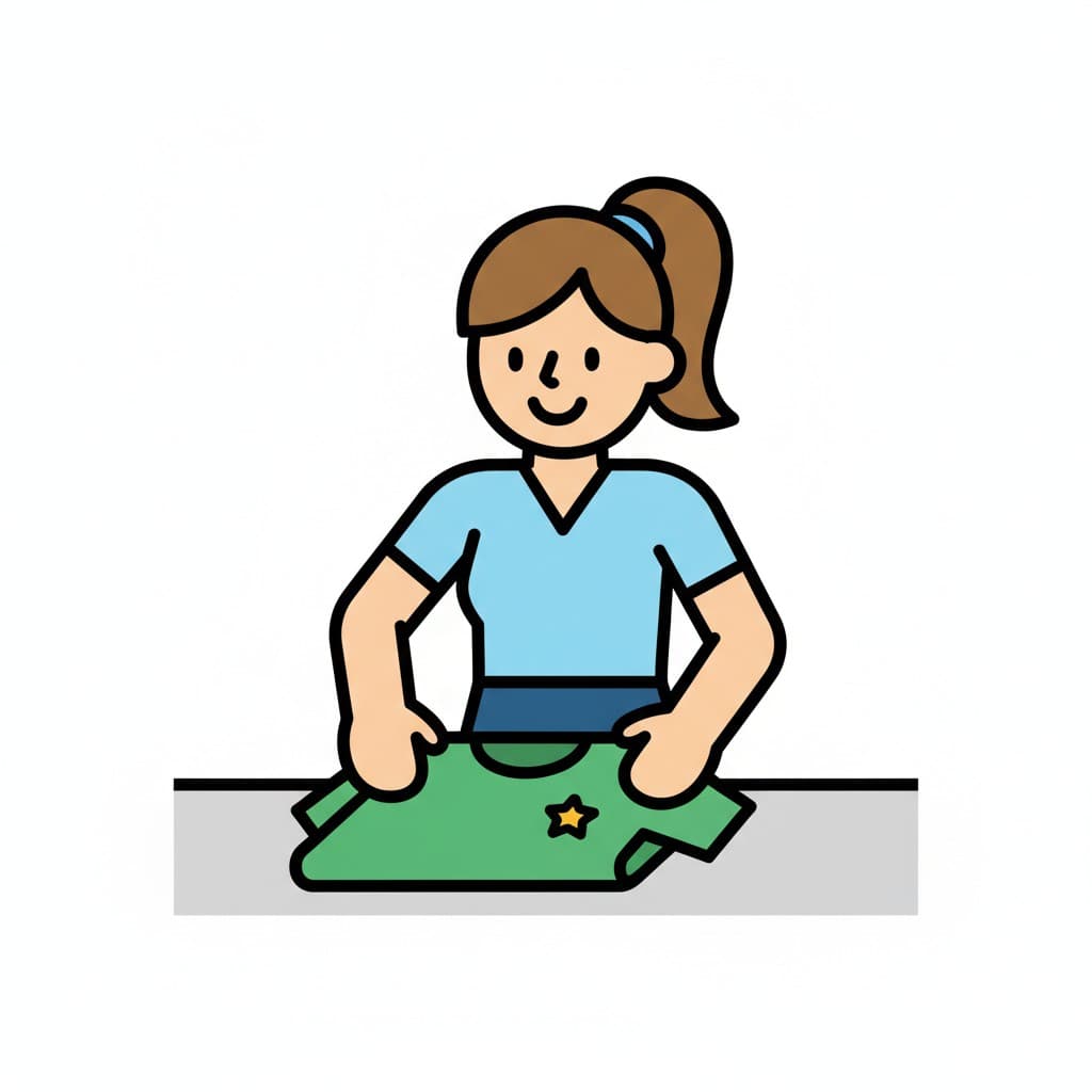 A woman folding a green uniform t-shirt with a star on it, on a table.