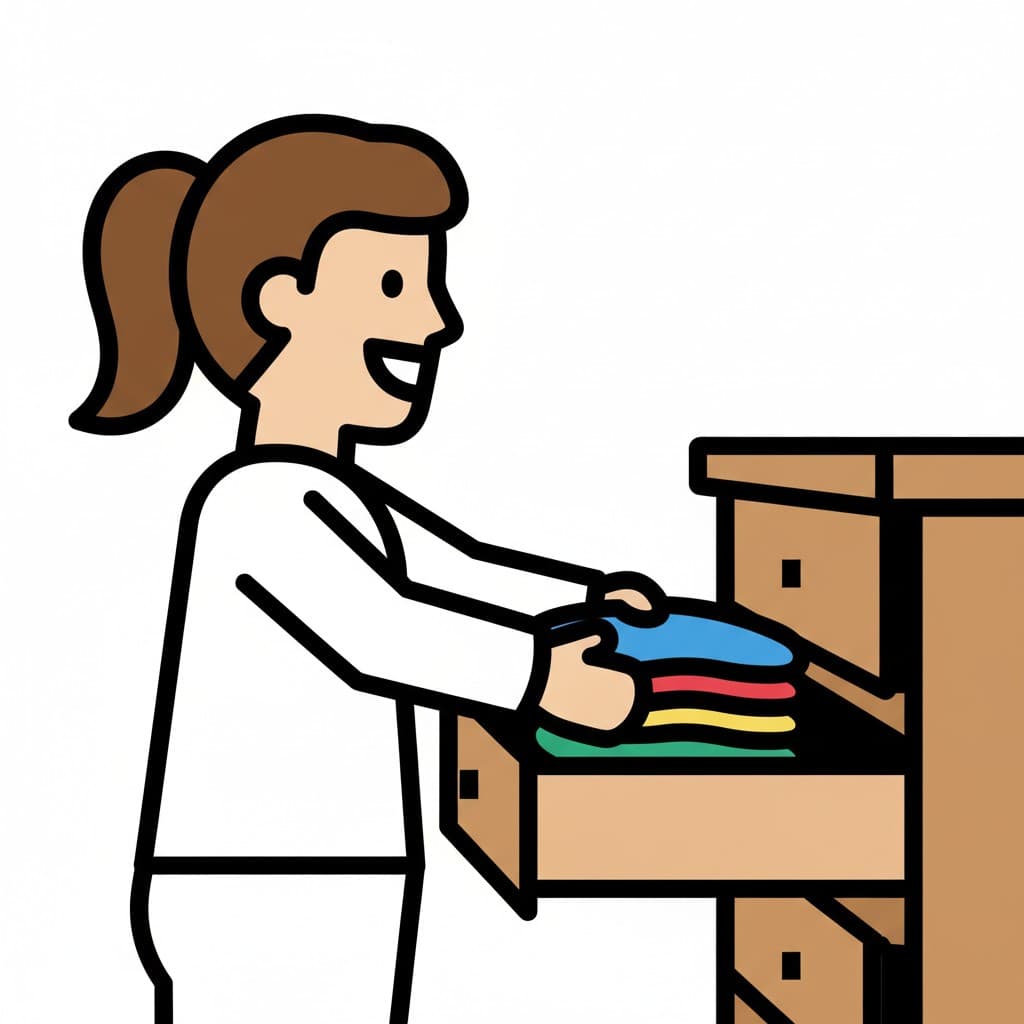 A smiling woman takes folded clothes out of a dresser drawer.