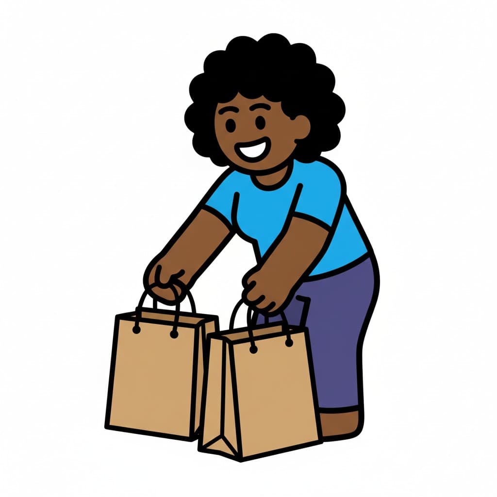 En kvinde med kort mørkt krøllet hår og en blå t-shirt læner sig frem og samler to brune indkøbsposer op.