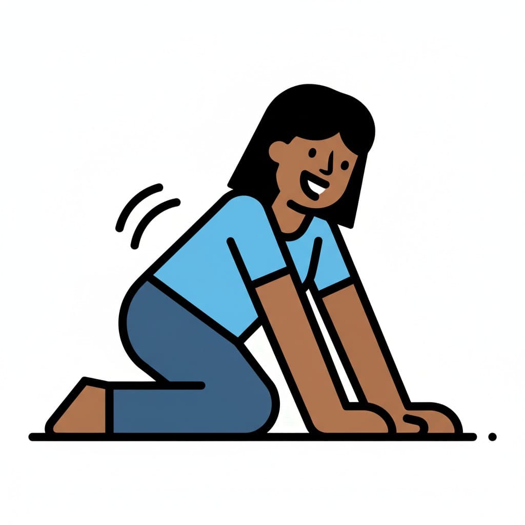 En kvinna på alla fyra, redo att ställa sig upp från golvet eller sängen.