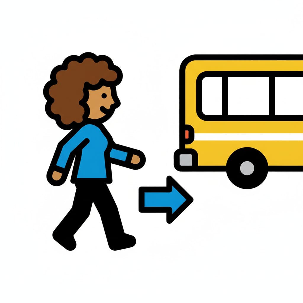 A person walks towards a yellow bus with a blue arrow pointing to the bus.
