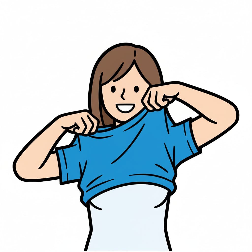 Eine Frau mit langen Haaren fasst den Saum ihres blauen T-Shirts und beginnt, es auszuziehen.