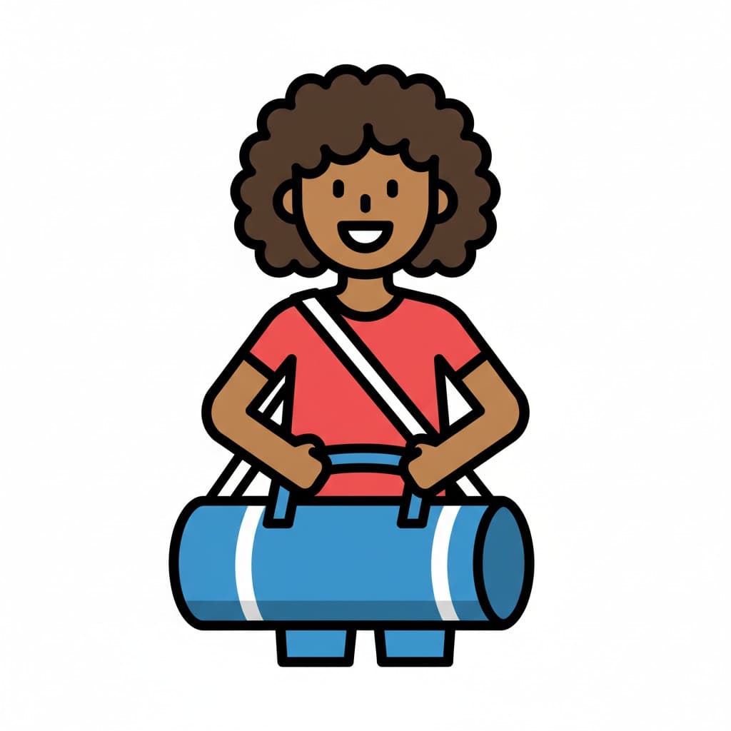 Henkilö, jolla on kiharat hiukset, pitää sinistä jumppakassia valkoisilla raidoilla.