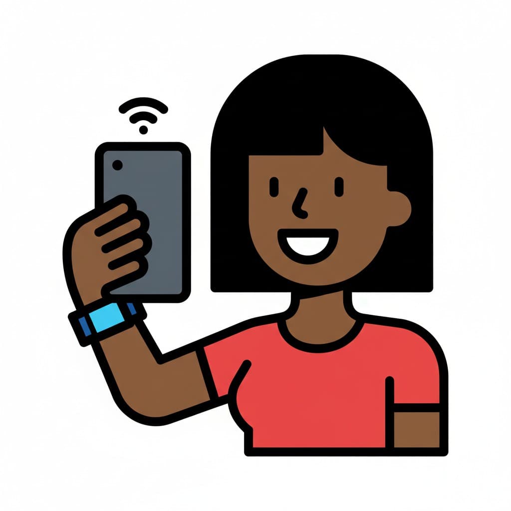 A woman holds up a phone with a Wi-Fi symbol indicating connection.