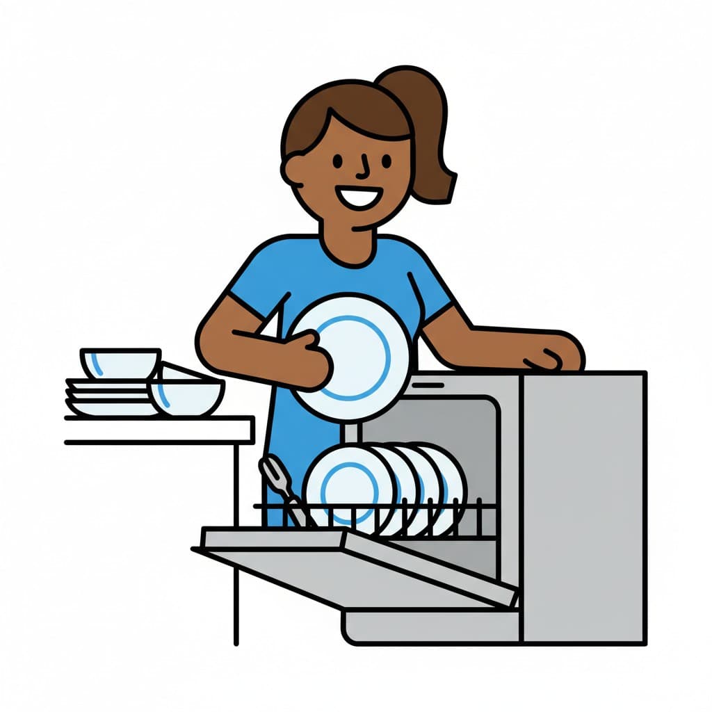 A woman with a ponytail holds up a plate from the open dishwasher while bowls stand stacked on the counter.