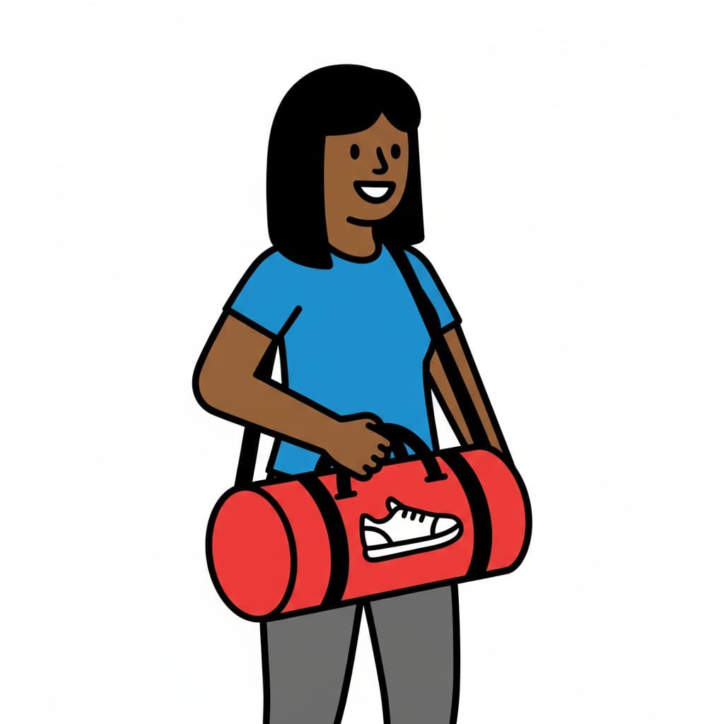 Henkilö, jolla on suorat hiukset, pitää punaista jumppakassia, jossa on kenkäkuvake.