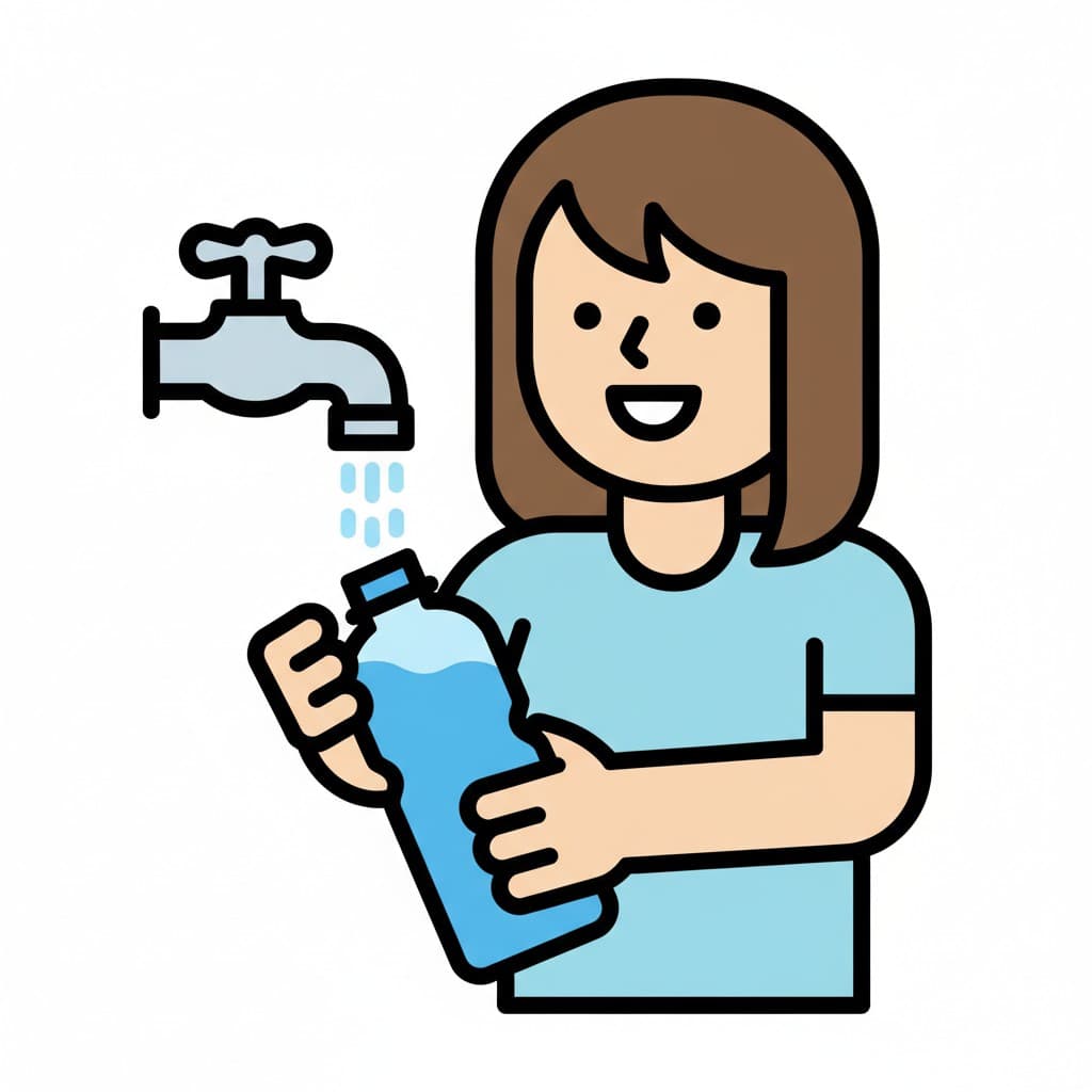 Henkilö pitää vesipulloa juoksevan hanan alla.