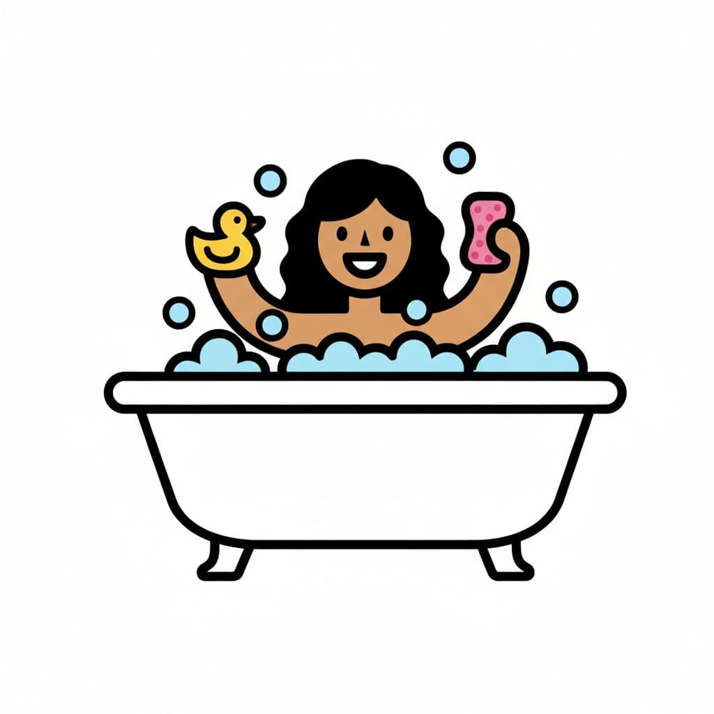 A person in a bathtub with bubbles, holding a rubber duck in one hand and a pink sponge in the other.