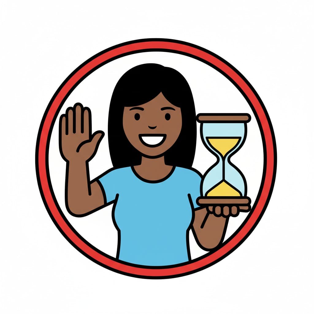 En person i en blå t-shirt håller upp en hand som ett stopptecken och håller ett timglas i den andra handen, allt inuti en röd cirkel.