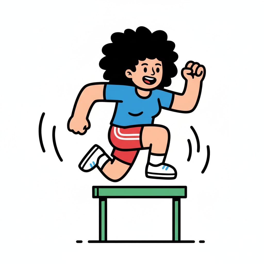 Zeichentrickillustration einer Frau in Sportkleidung, die über eine grüne Hürde springt.