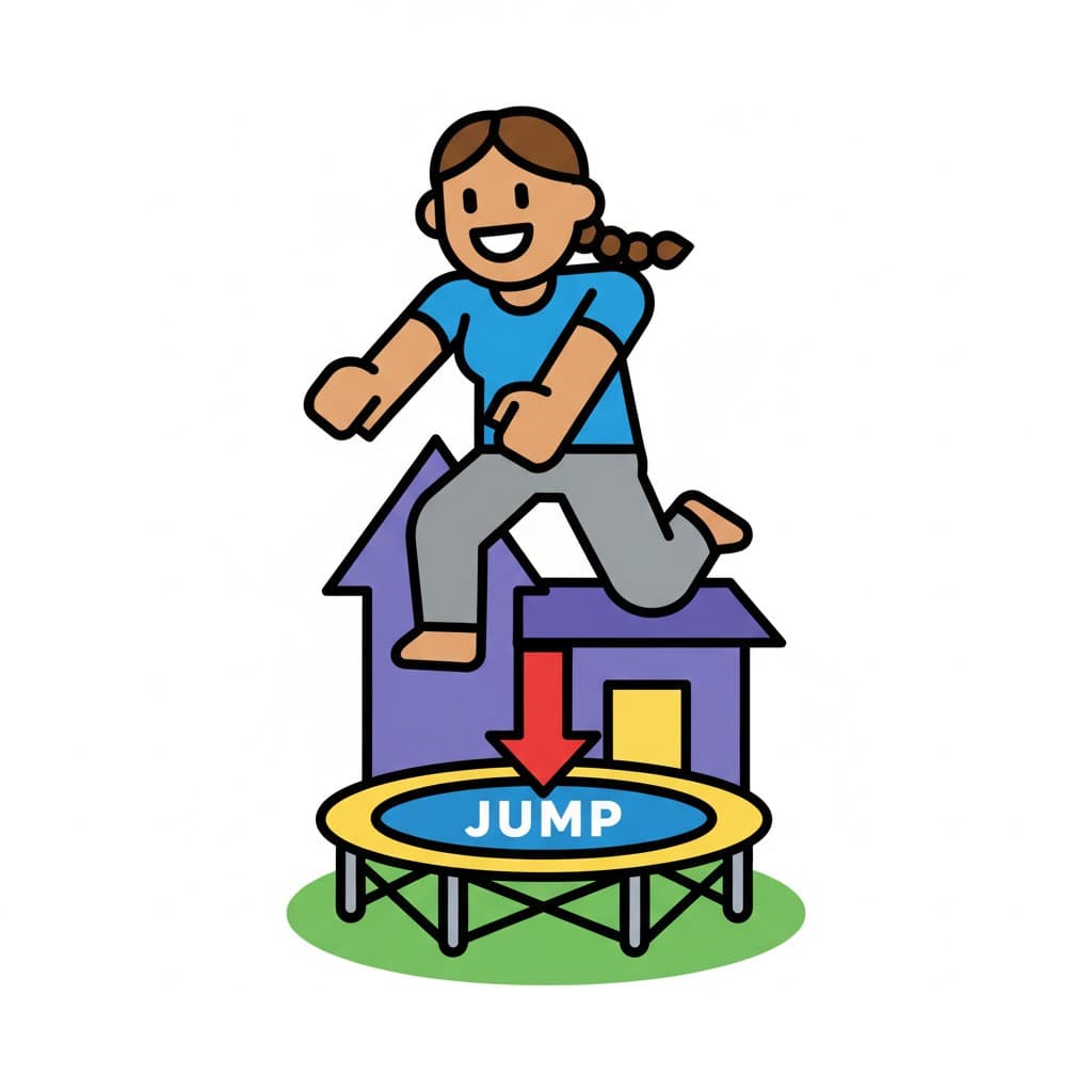 A person jumps from a house towards a trampoline with the text 'JUMP'.