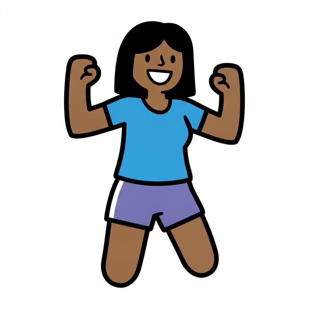 Eine Frau im blauen T-Shirt und in lila Shorts springt und spannt dabei beide Arme an.