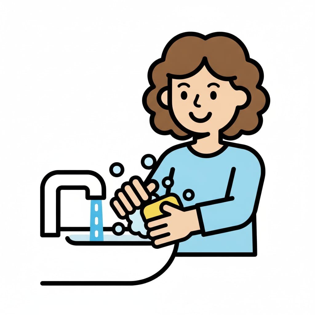 Holding a yellow bar of soap, a woman works up a lather in her hands while water runs into the basin.