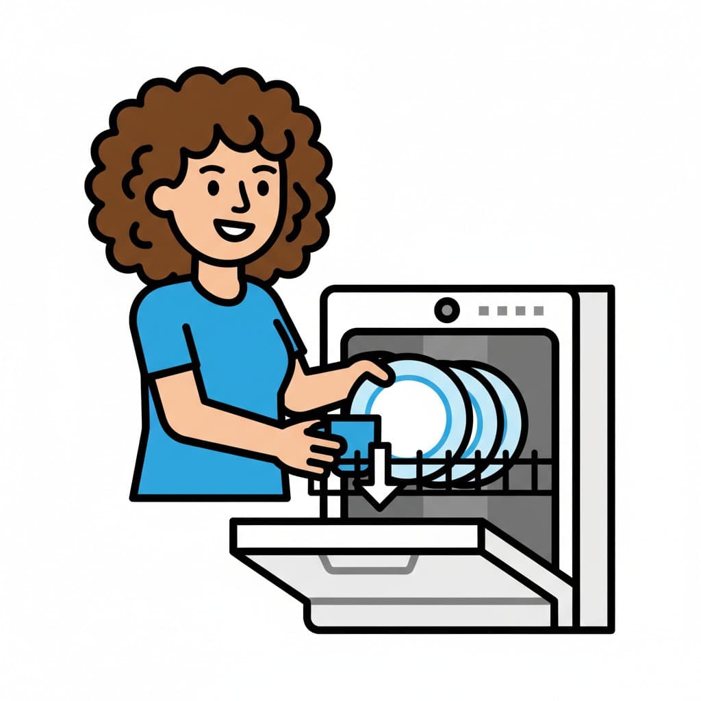 A person with brown curly hair places plates and a cup into the bottom rack of a dishwasher.