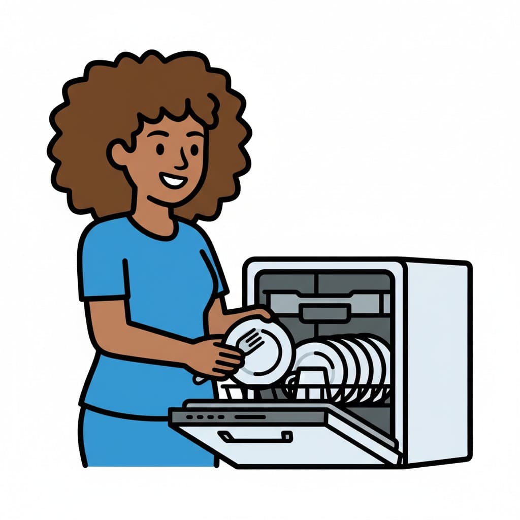 A woman with curly brown hair puts a plate and fork into a dishwasher.
