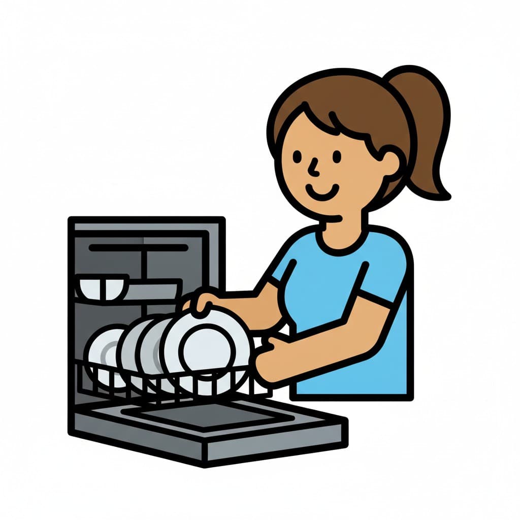 A woman with brown hair puts plates into a dishwasher.