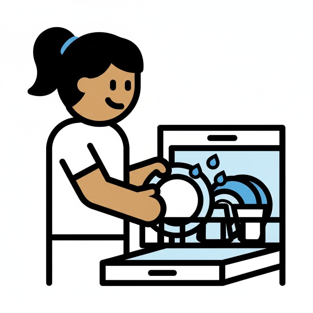 En kvinna lägger en tallrik i en öppen diskmaskin, med andra tallrikar redan inuti.