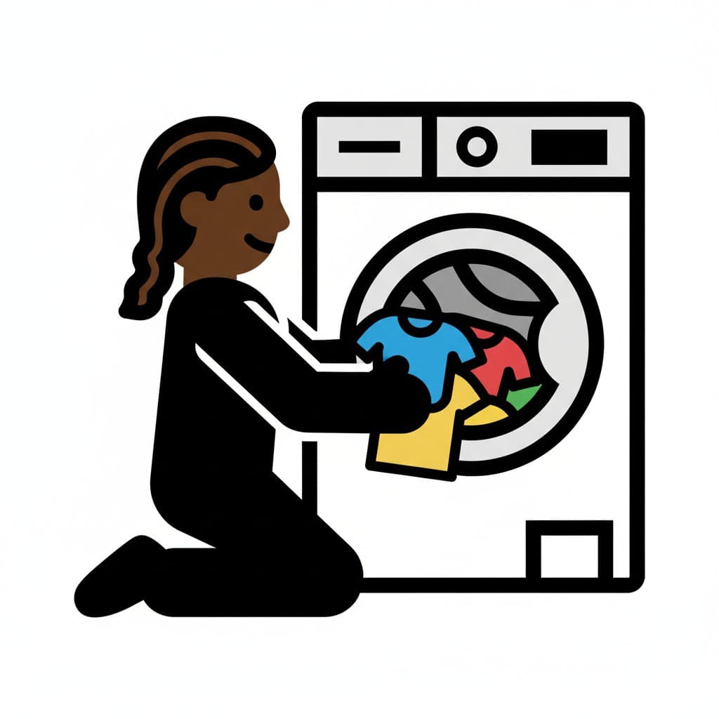 A person kneels and puts clothes into a washing machine.