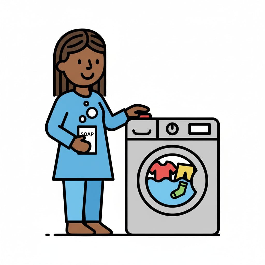 A woman loading clothes into a washing machine while holding a box of soap.