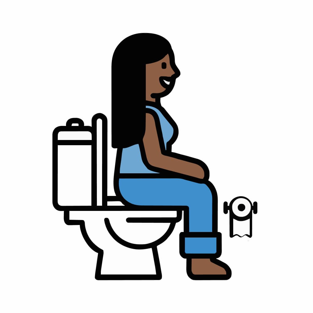 A woman sitting on the toilet in profile.