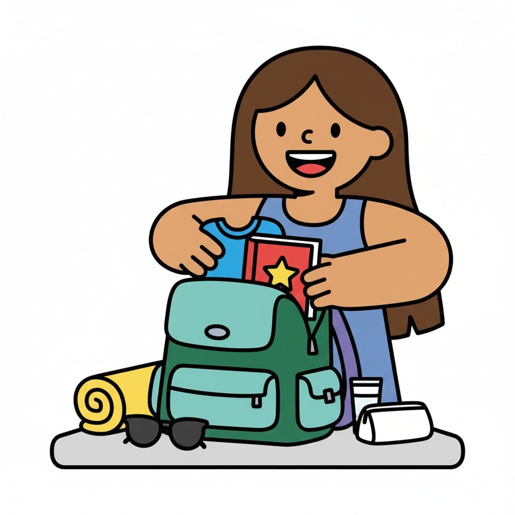 En person står och packar kläder och en bok i en grön ryggsäck. En rullad gul matta, solglasögon och en necessär ligger på bordet.