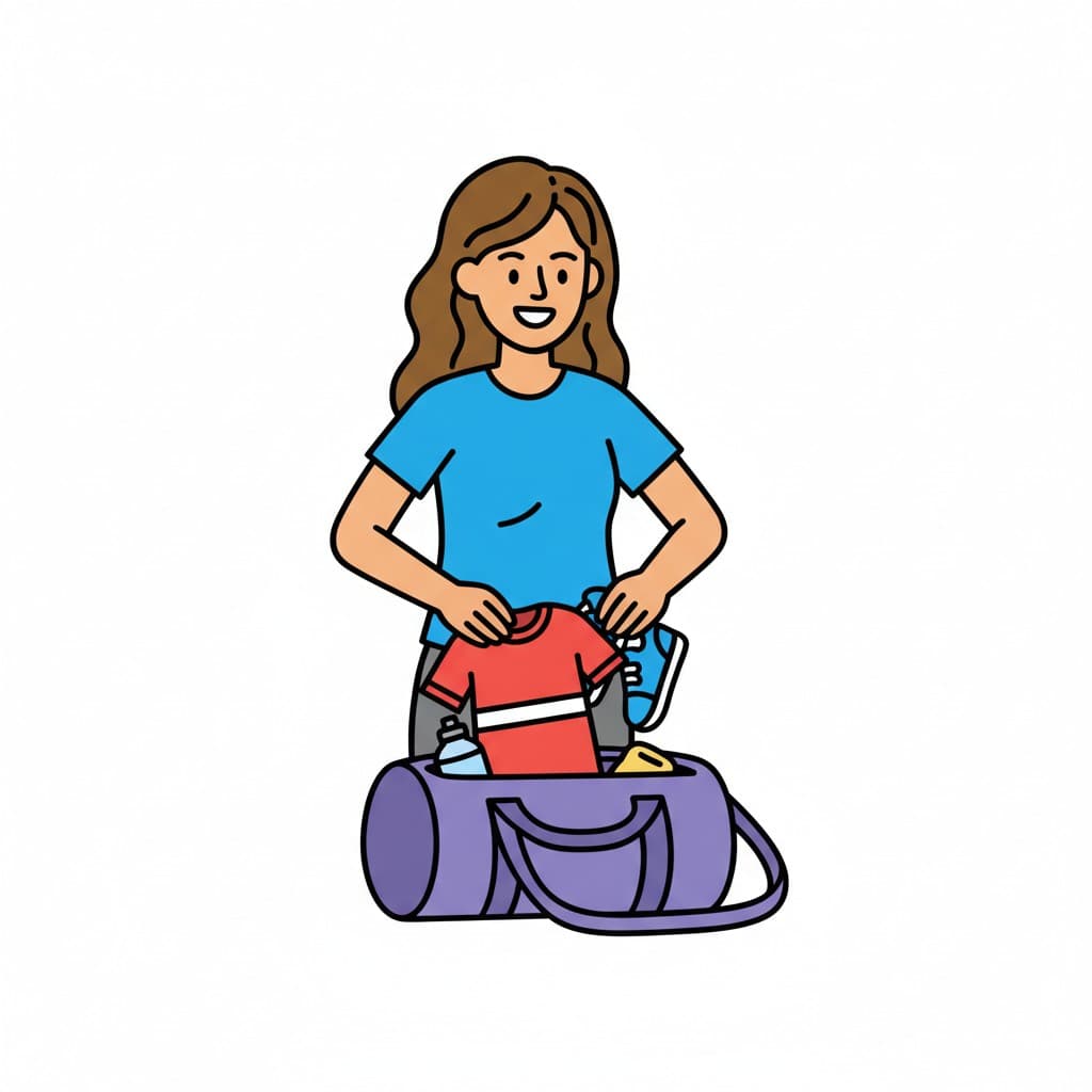 An illustration of a woman packing a gym bag with clothes, a water bottle, and shoes.