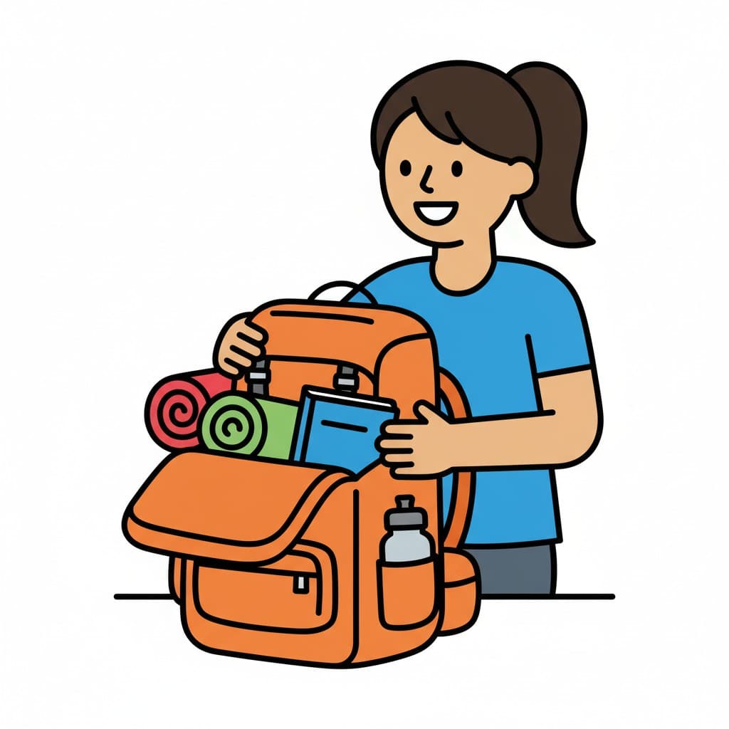 Eine Frau packt einen orangefarbenen Rucksack mit verschiedenen Gegenständen.