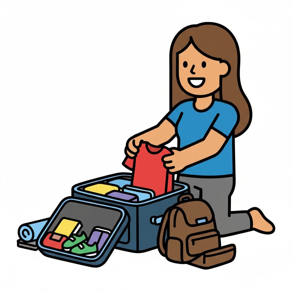 Eine Person kniet und packt Kleidung in einen offenen Koffer, mit einem Rucksack daneben.
